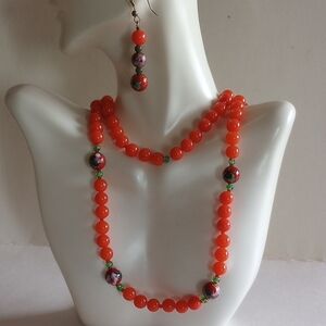 Elegant Faux Red Jade Cloisonne Set Necklace and Earring  29" Long.
